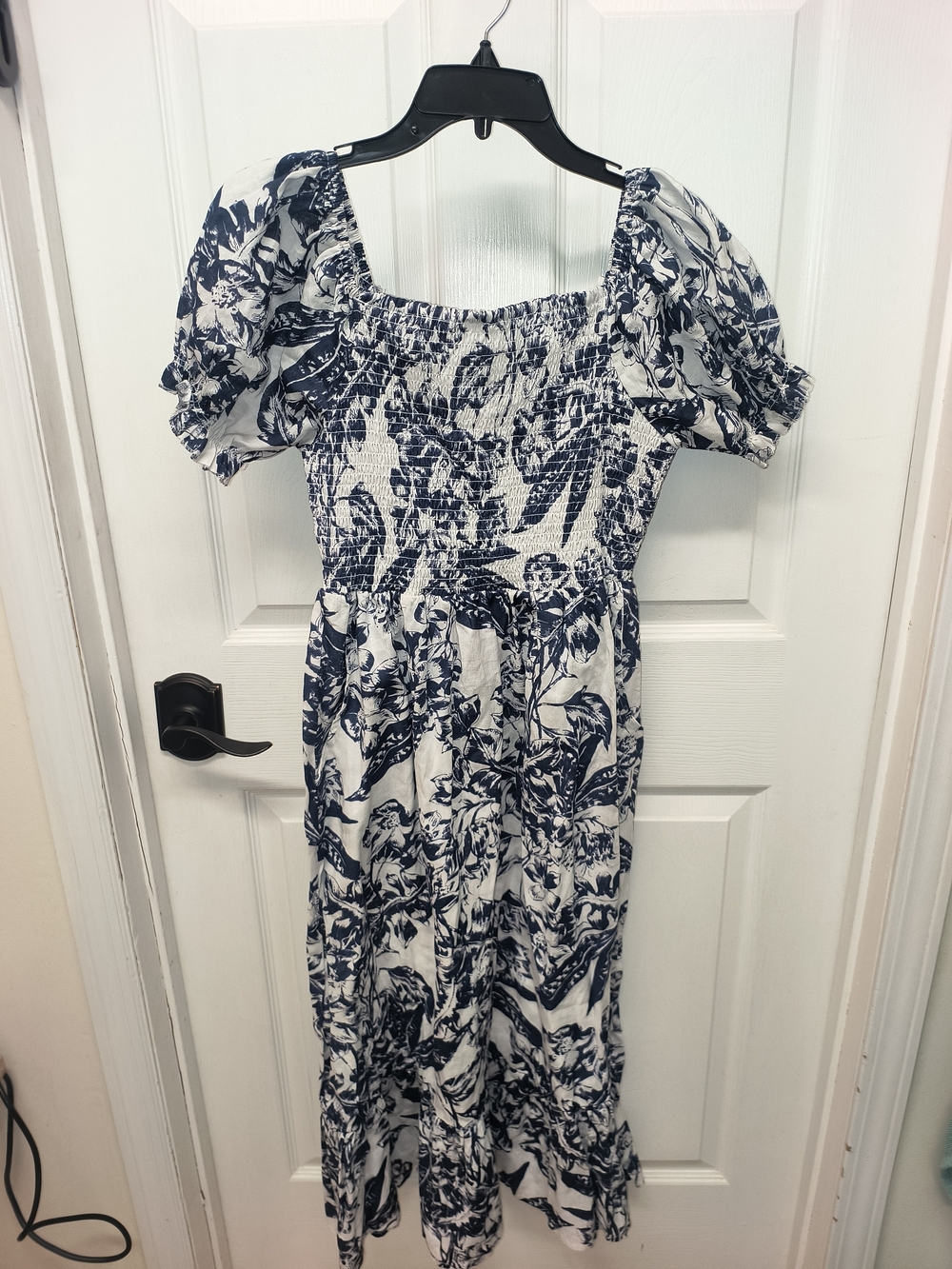 Navy and White Floral Smocked Midi Dress with Puff Sleeves